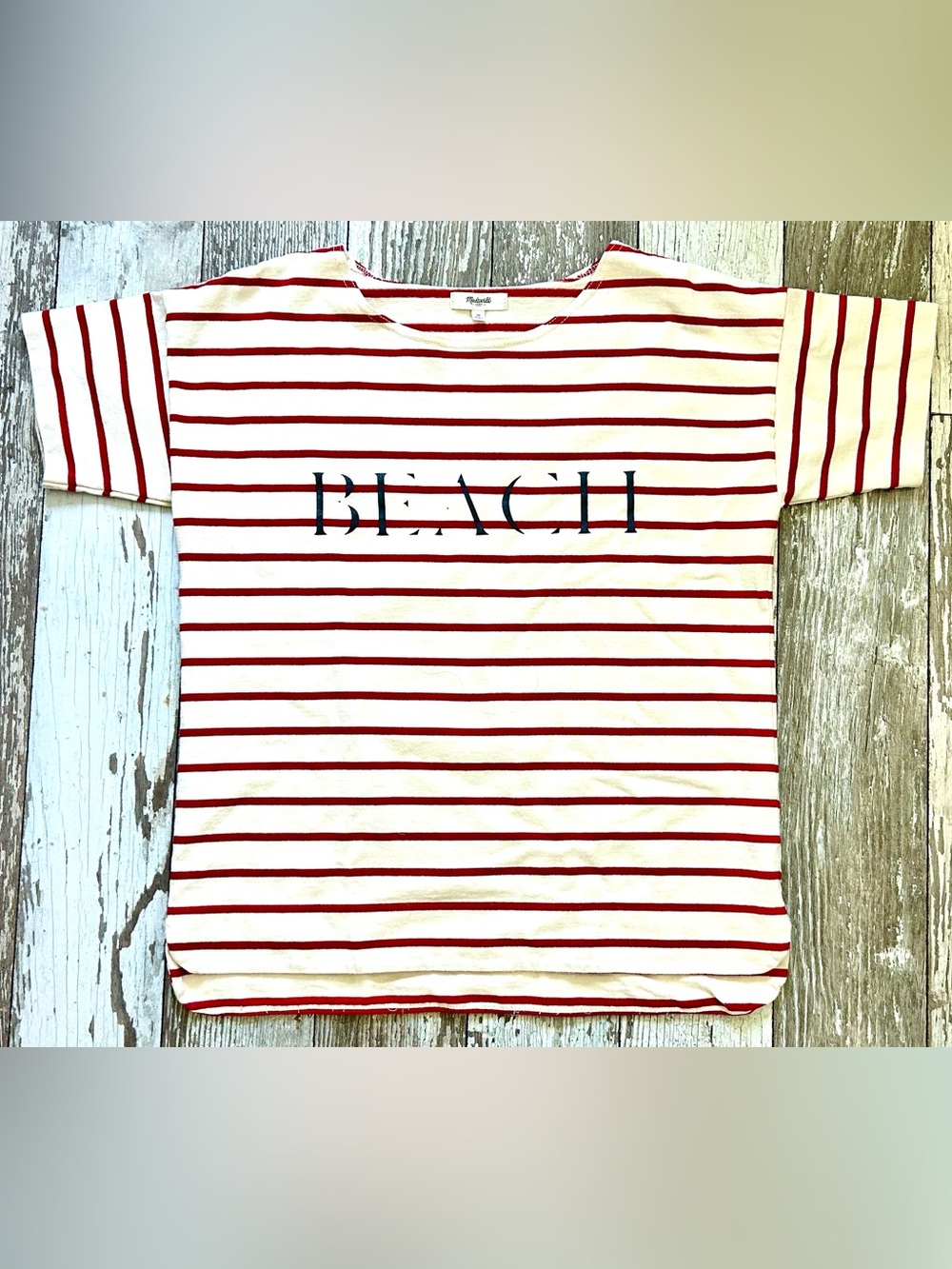 Madewell 100% Cotton Red Stripe 'BEACH' Graphic Tee on Cream